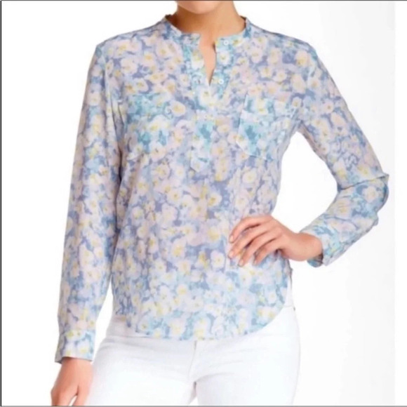 Rebecca Taylor Gray Yellow Floral Silk Long Sleeve Popover Blouse Top Size 2 - Picture 1 of 10